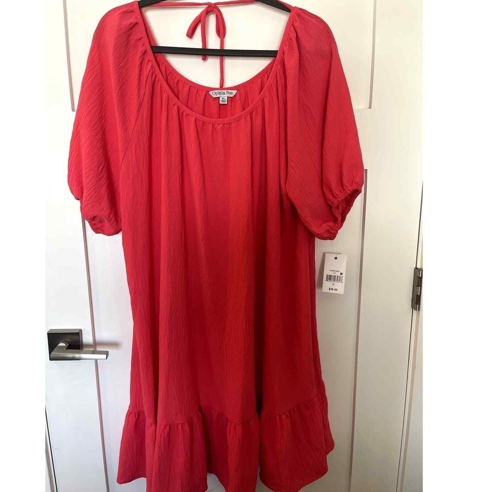New Ophelia Roe Coral Red Dress Tie Back Short Sleeve Ruffle Hem XL